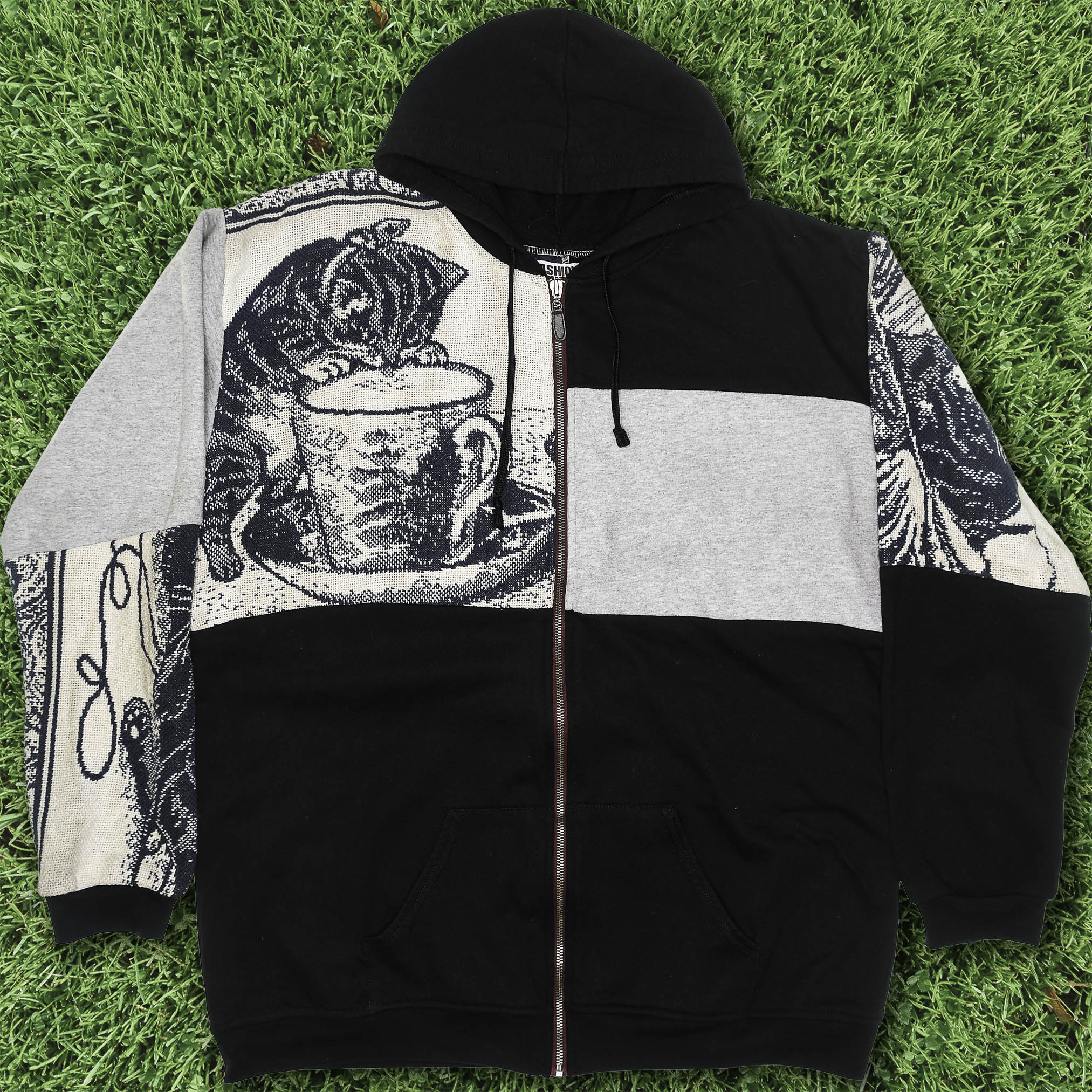 Cat & Milk Tapestry Patchwork Zip Up Hoodie