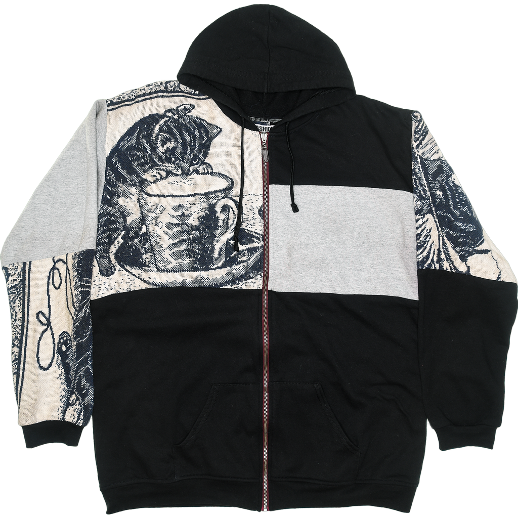 Cat & Milk Tapestry Patchwork Zip Up Hoodie