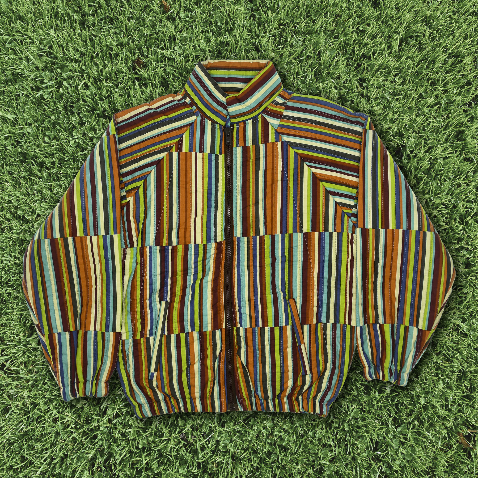 Technicolor Stripe Quilt Bomber Jacket