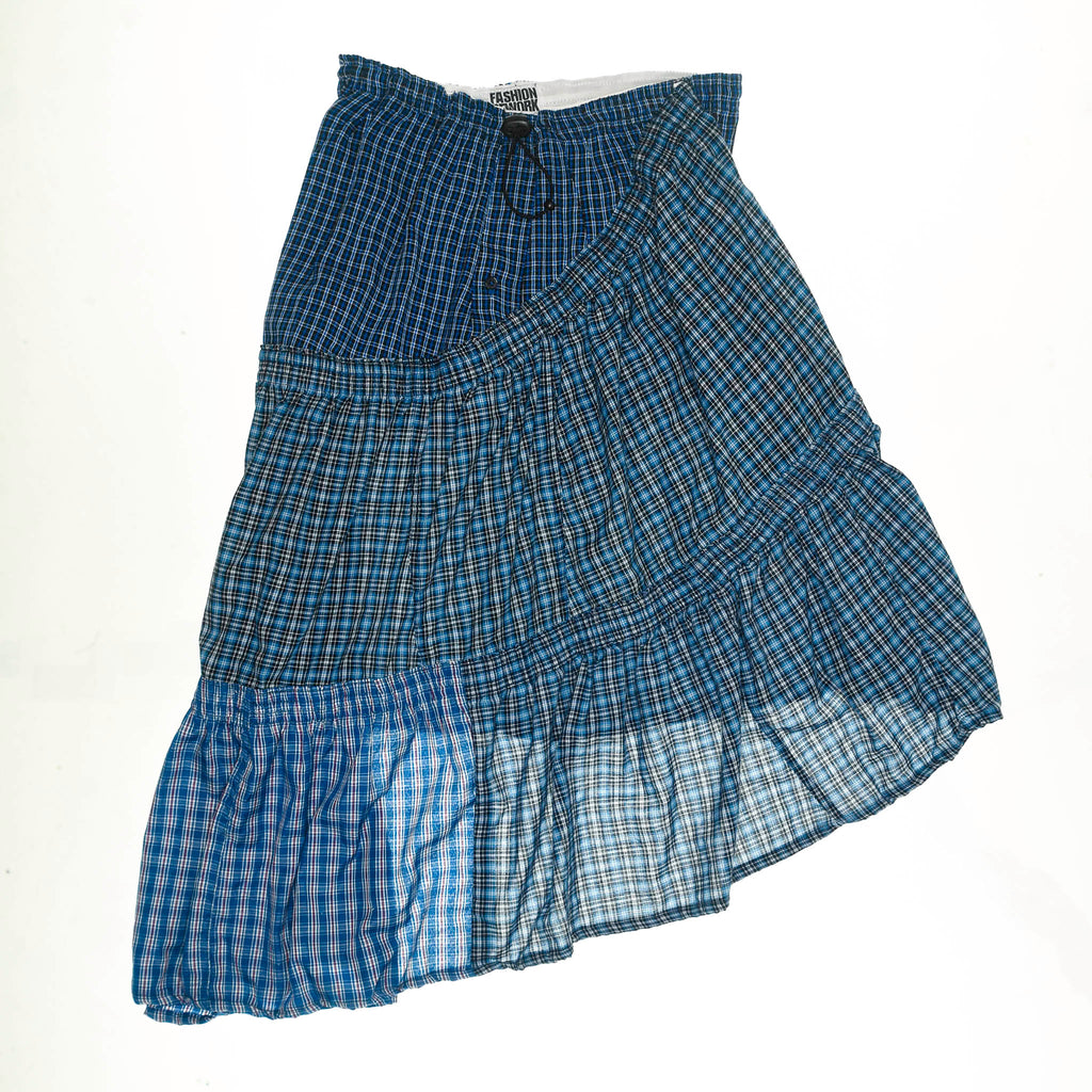 Blue Check Patchwork Boxer Skirt Midi