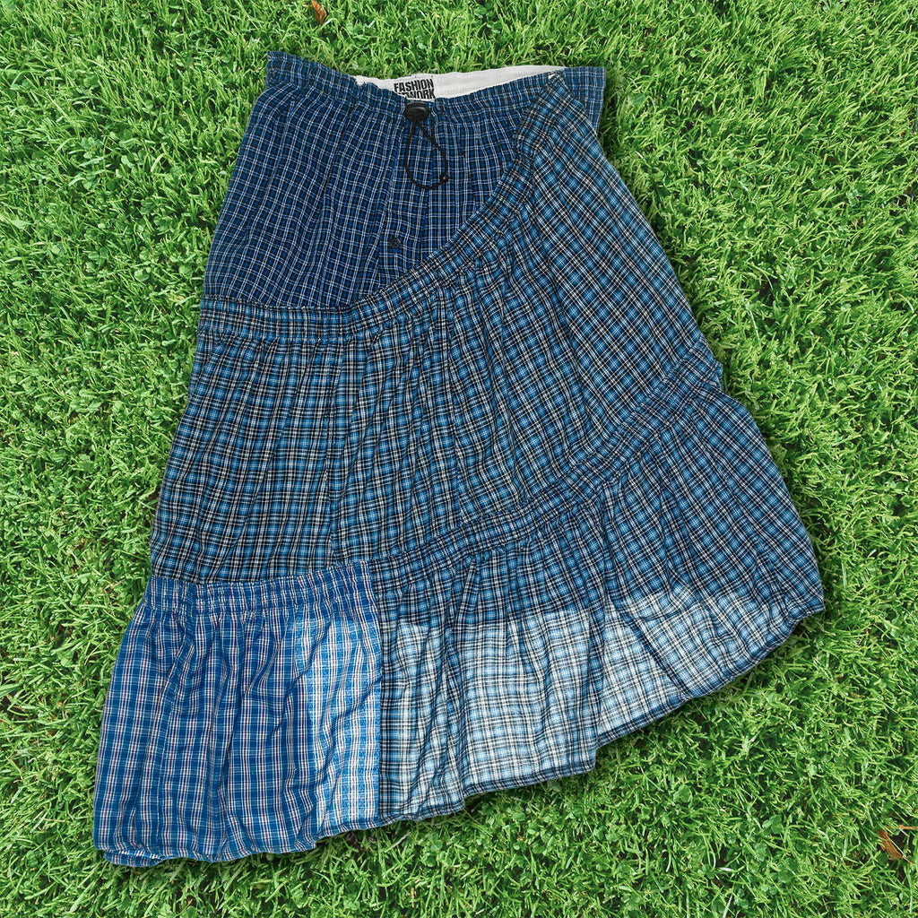 Blue Check Patchwork Boxer Skirt Midi