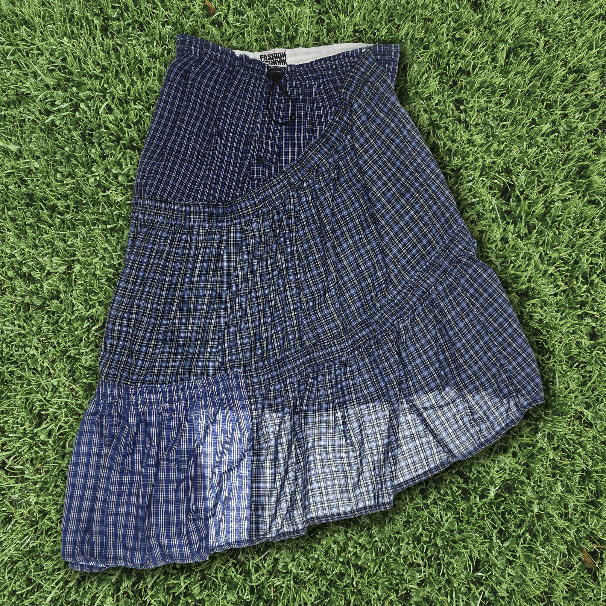 Blue Check Patchwork Boxer Skirt Midi