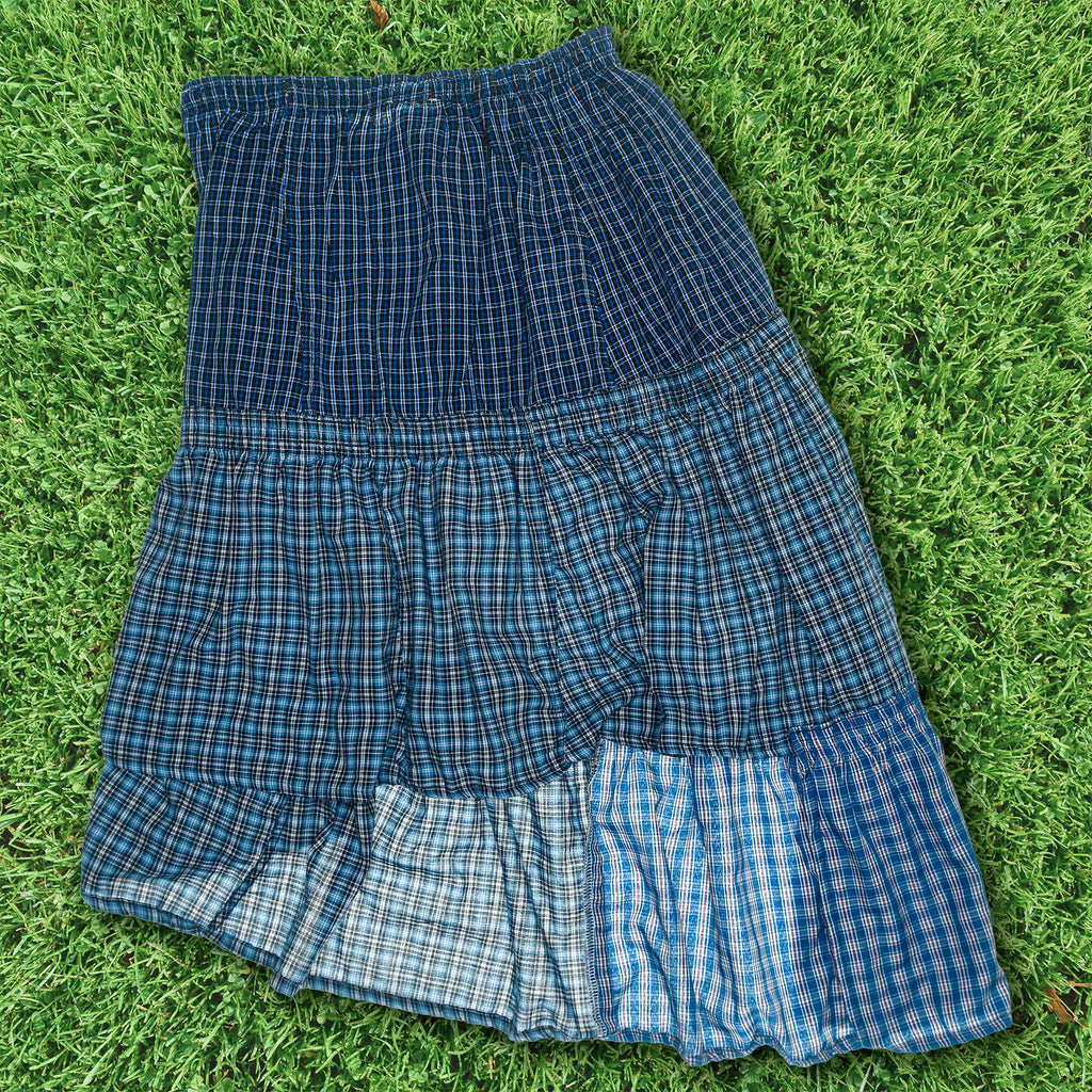 Blue Check Patchwork Boxer Skirt Midi