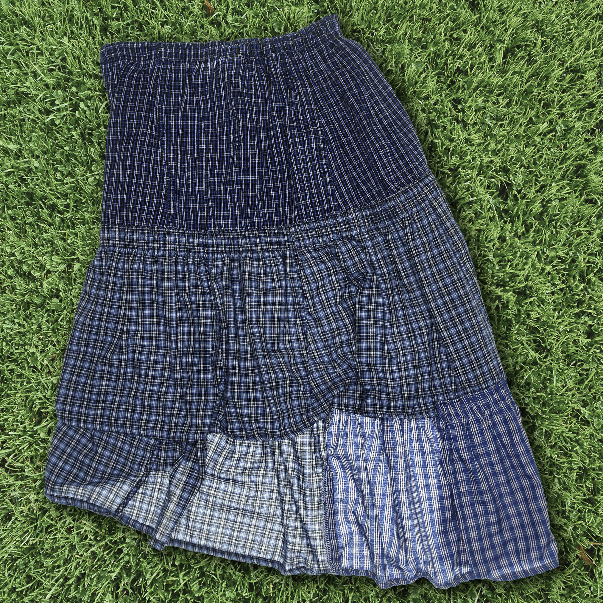 Blue Check Patchwork Boxer Skirt Midi