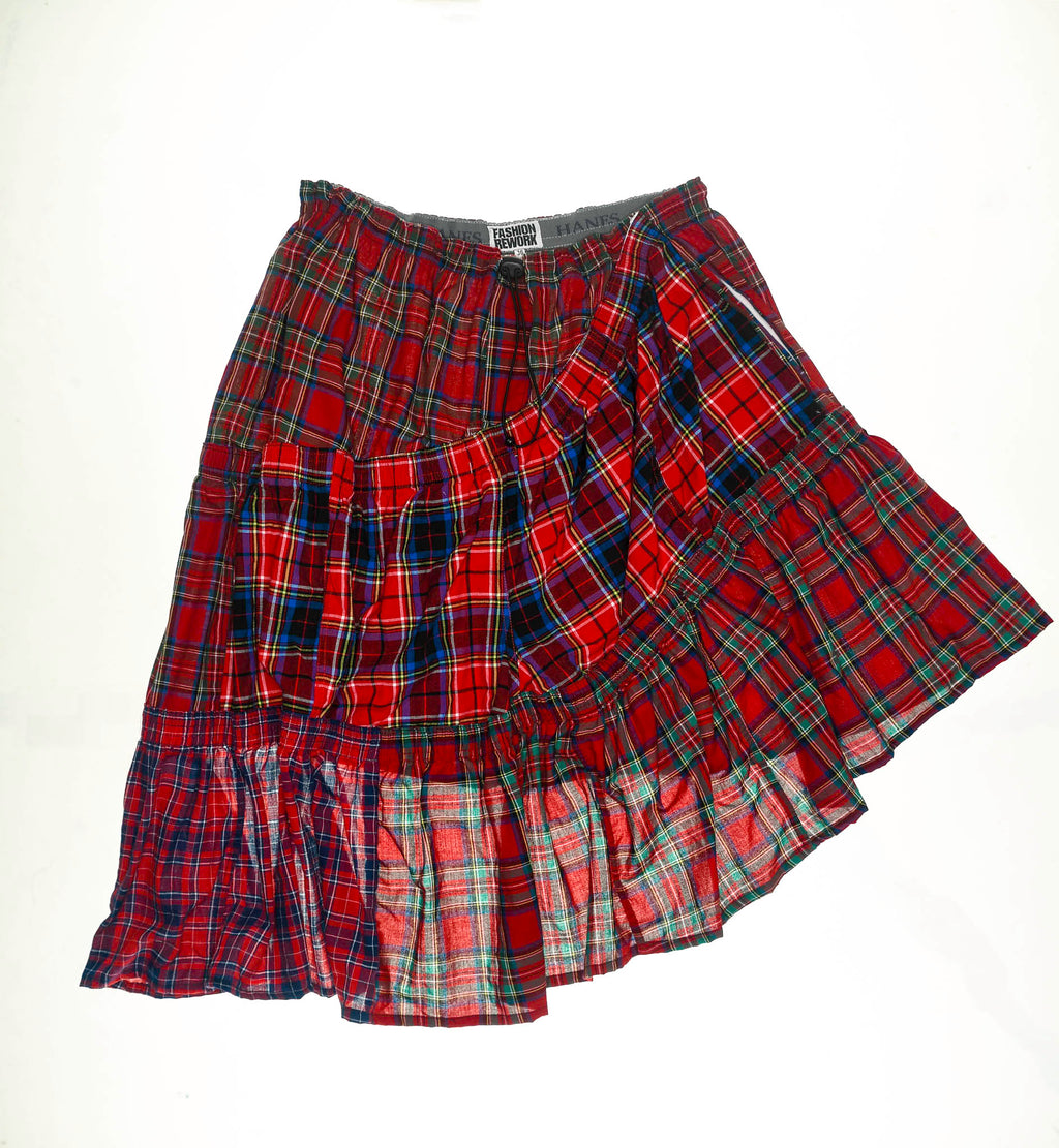 Red Plaid Patchwork Boxer Skirt Midi