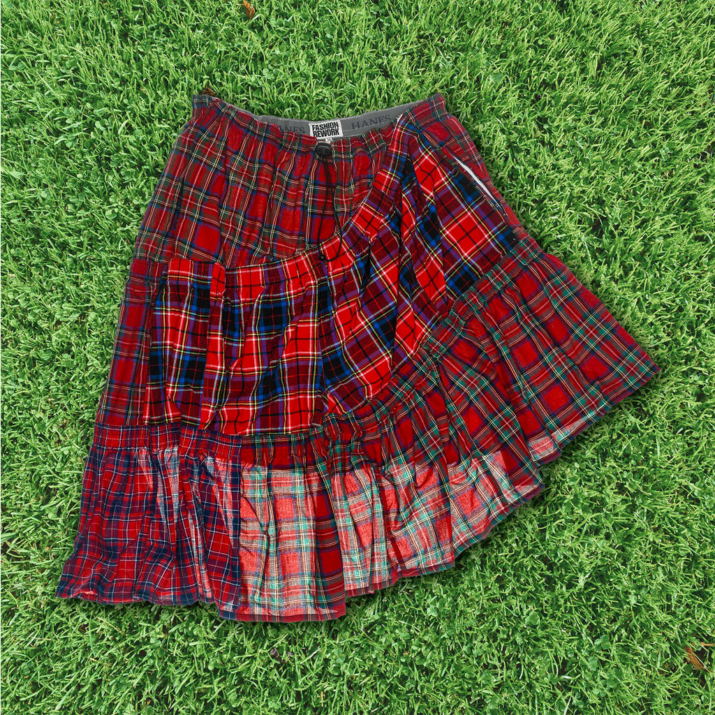 Red Plaid Patchwork Boxer Skirt Midi