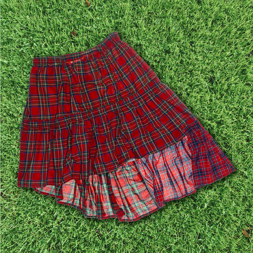 Red Plaid Patchwork Boxer Skirt Midi