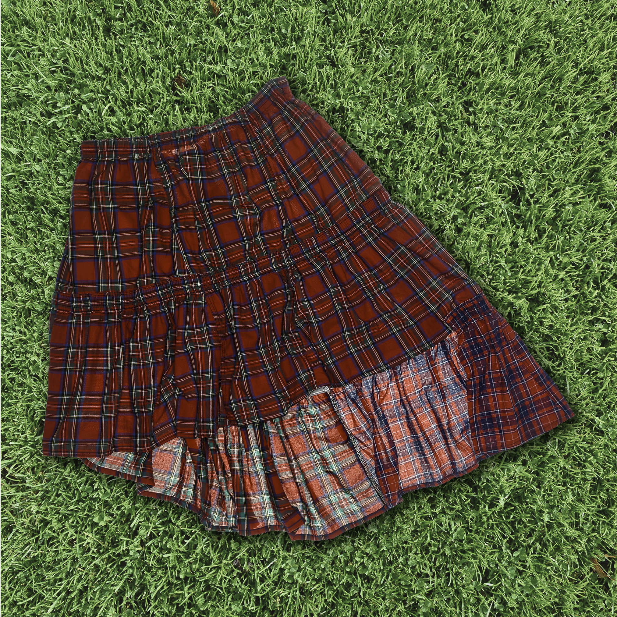 Red Plaid Patchwork Boxer Skirt Midi