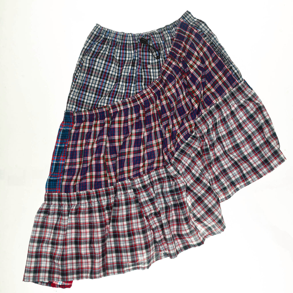 Mixed Plaid Asymmetrical Boxer Skirt Midi