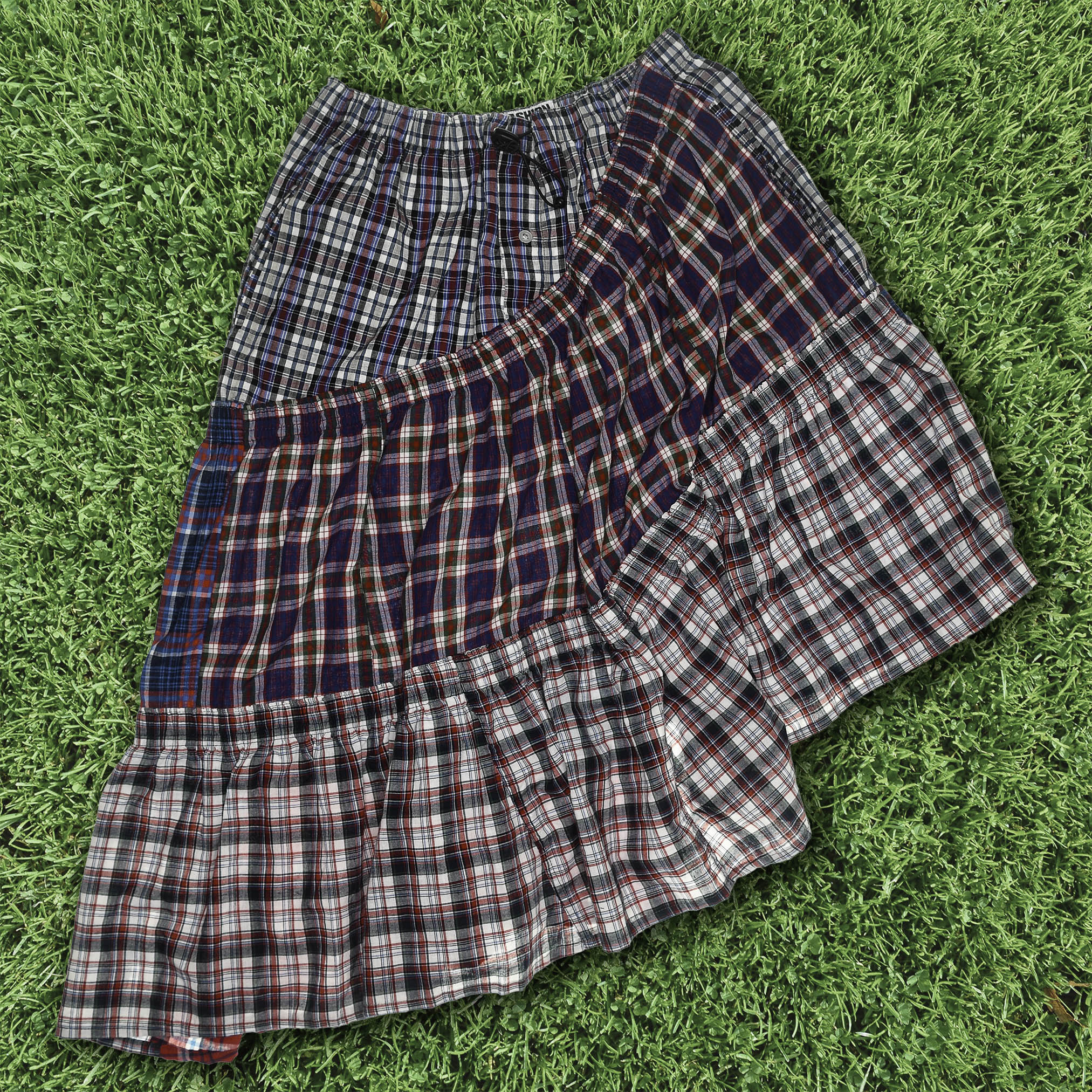 Mixed Plaid Asymmetrical Boxer Skirt Midi