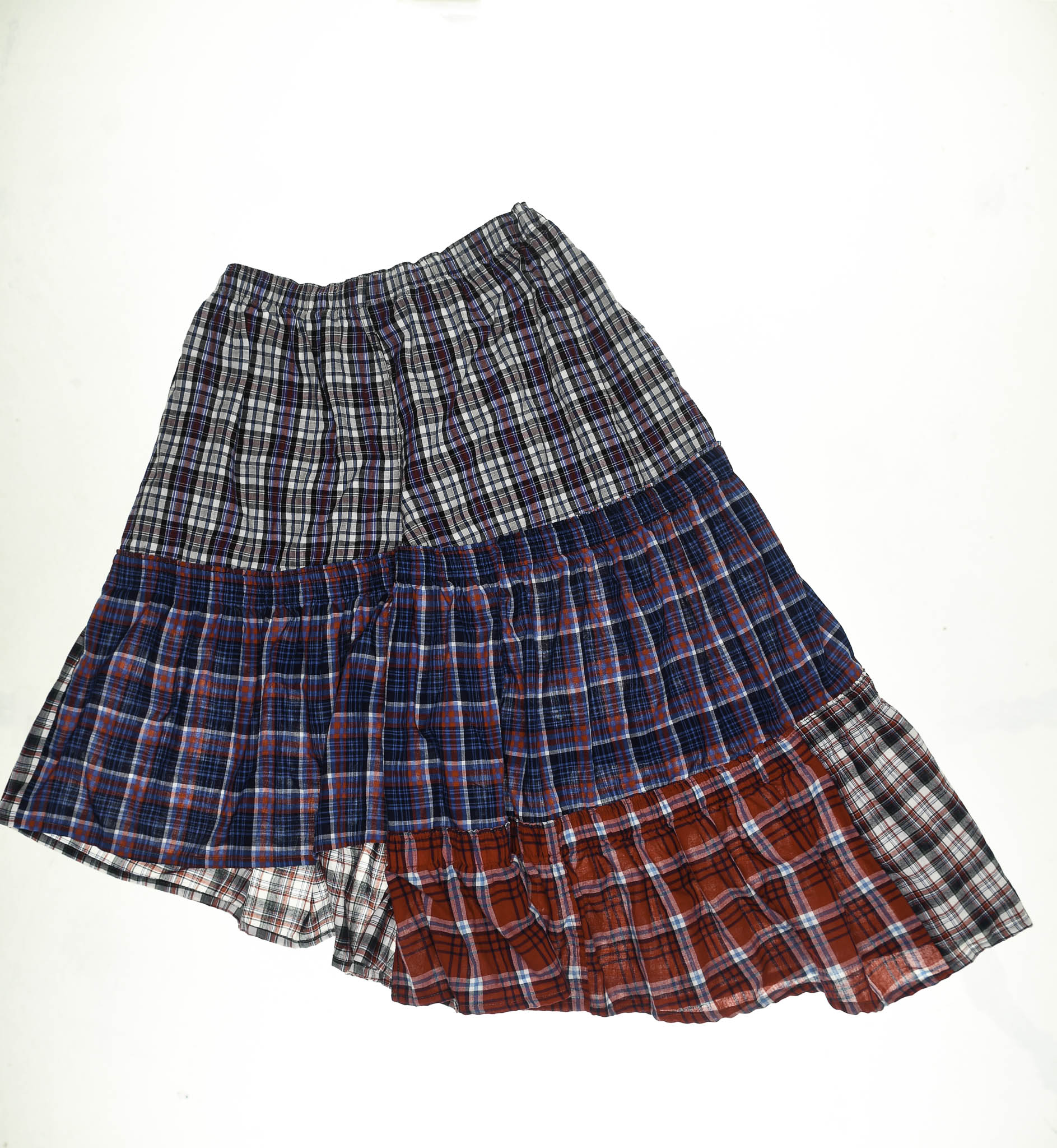 Mixed Plaid Asymmetrical Boxer Skirt Midi