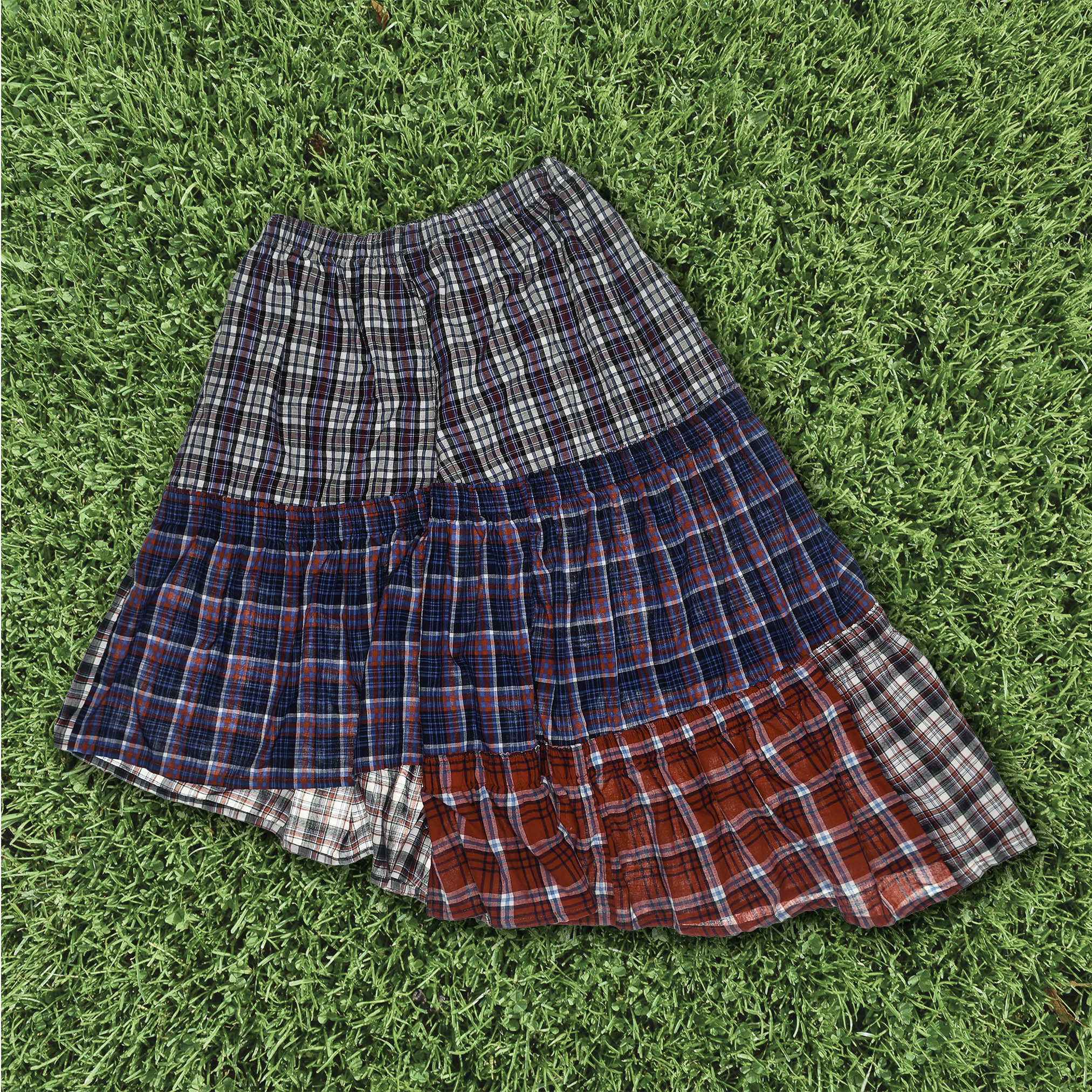 Mixed Plaid Asymmetrical Boxer Skirt Midi