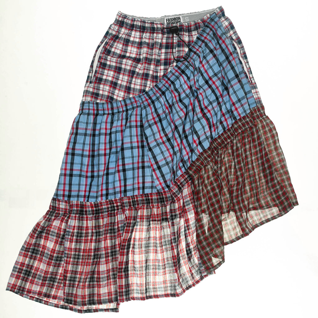 Mixed Plaid & Stripe Tiered Boxer Skirt Midi