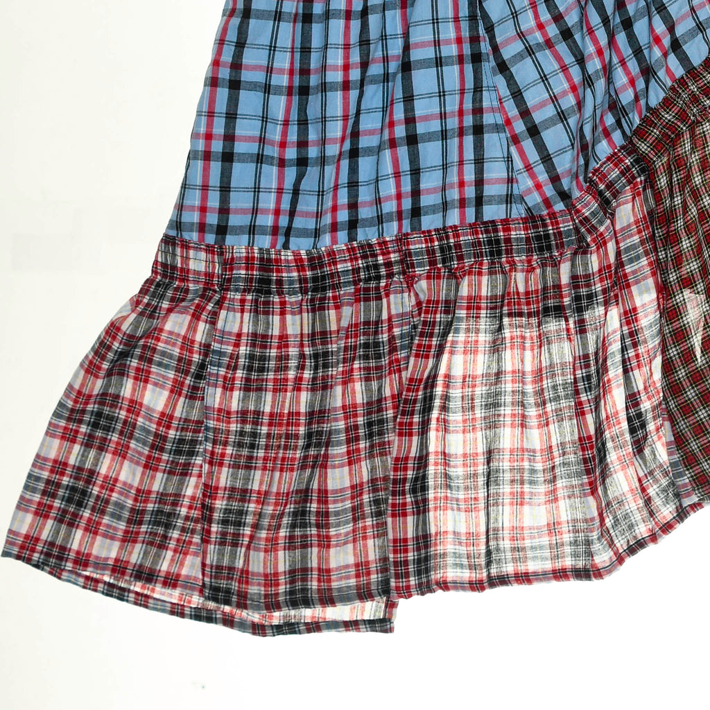 Mixed Plaid & Stripe Tiered Boxer Skirt Midi
