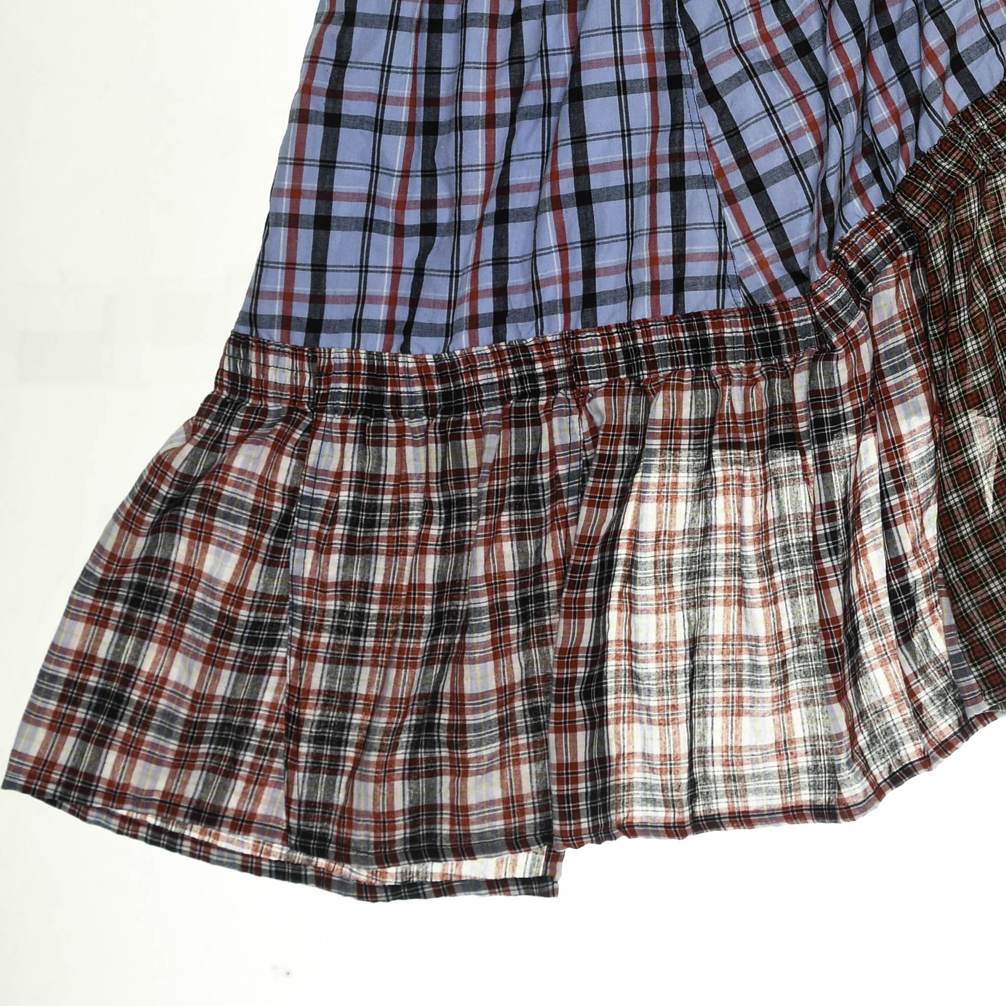 Mixed Plaid & Stripe Tiered Boxer Skirt Midi
