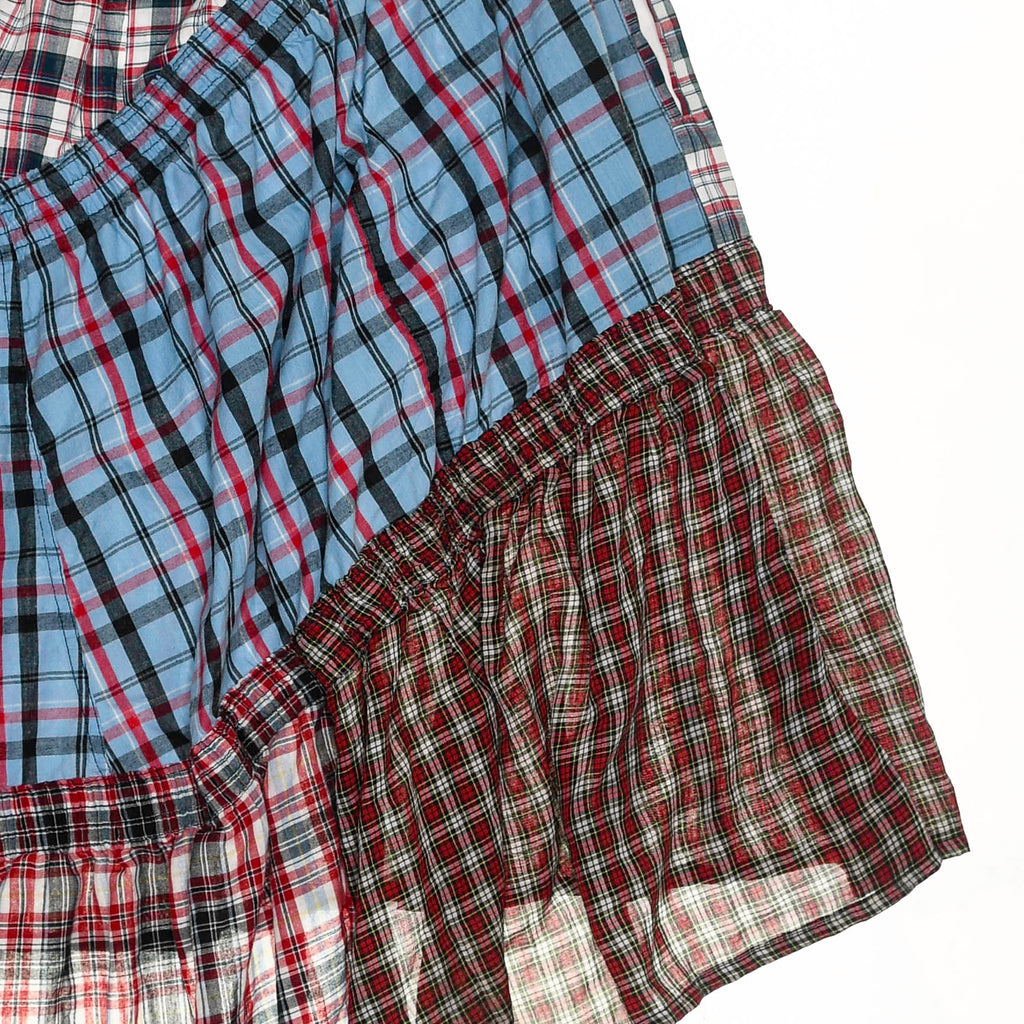 Mixed Plaid & Stripe Tiered Boxer Skirt Midi