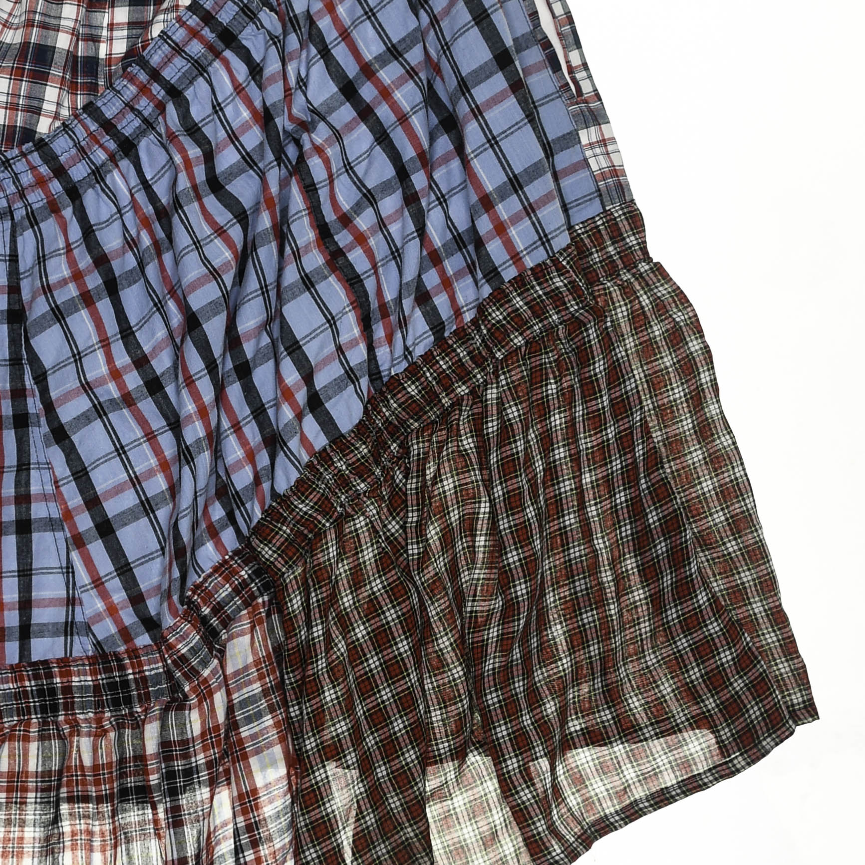 Mixed Plaid & Stripe Tiered Boxer Skirt Midi