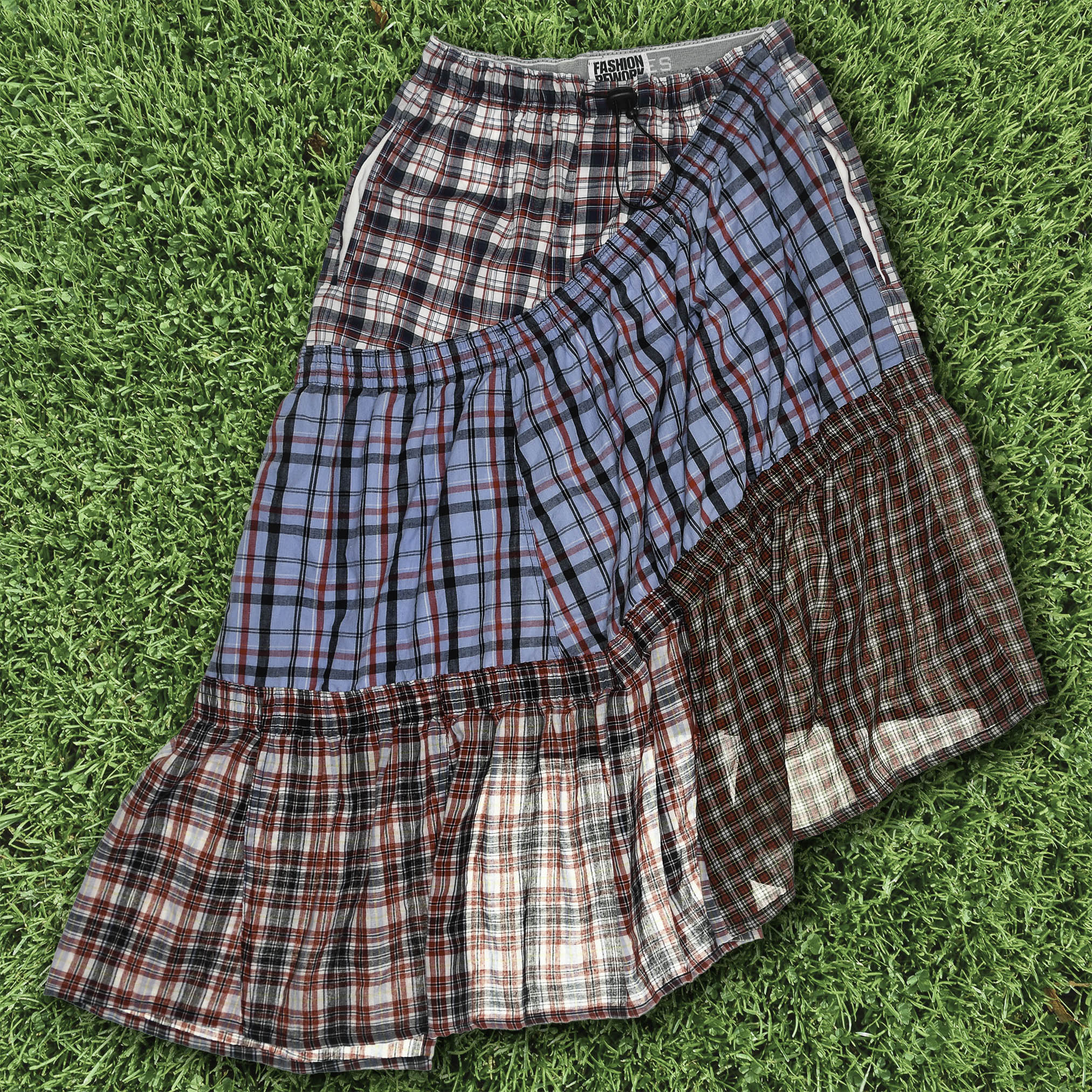 Mixed Plaid & Stripe Tiered Boxer Skirt Midi