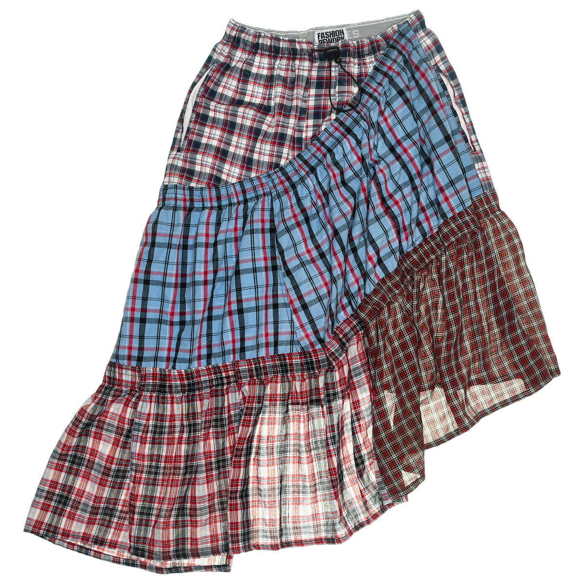 Mixed Plaid & Stripe Tiered Boxer Skirt Midi