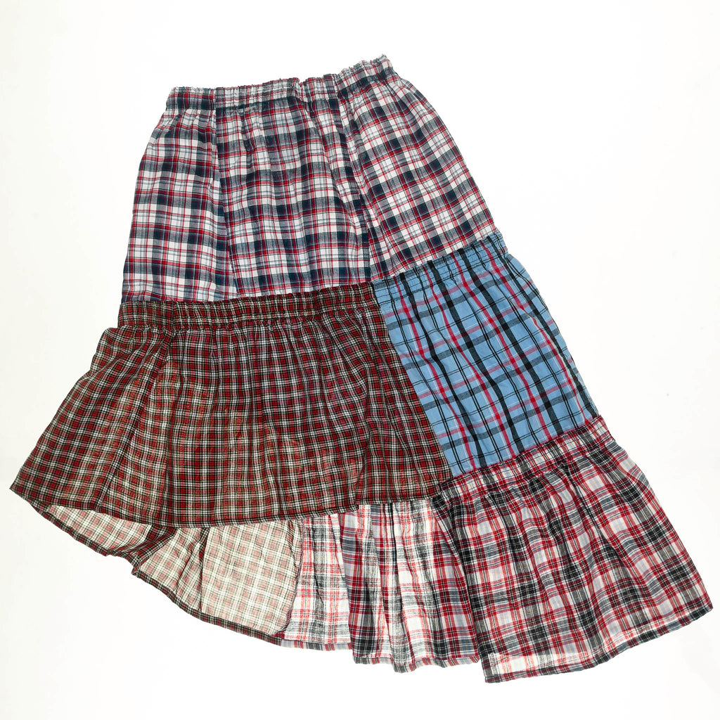 Mixed Plaid & Stripe Tiered Boxer Skirt Midi