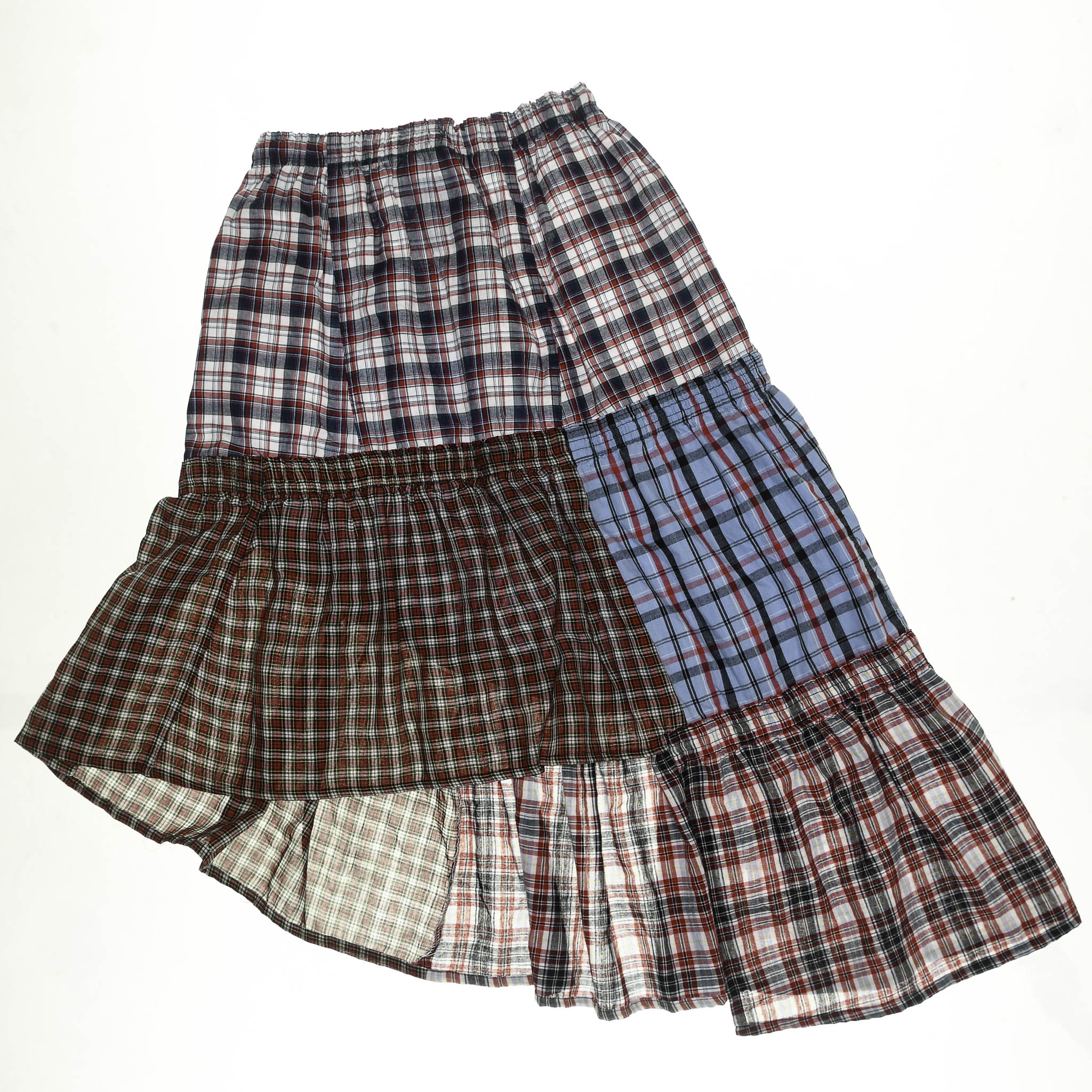 Mixed Plaid & Stripe Tiered Boxer Skirt Midi