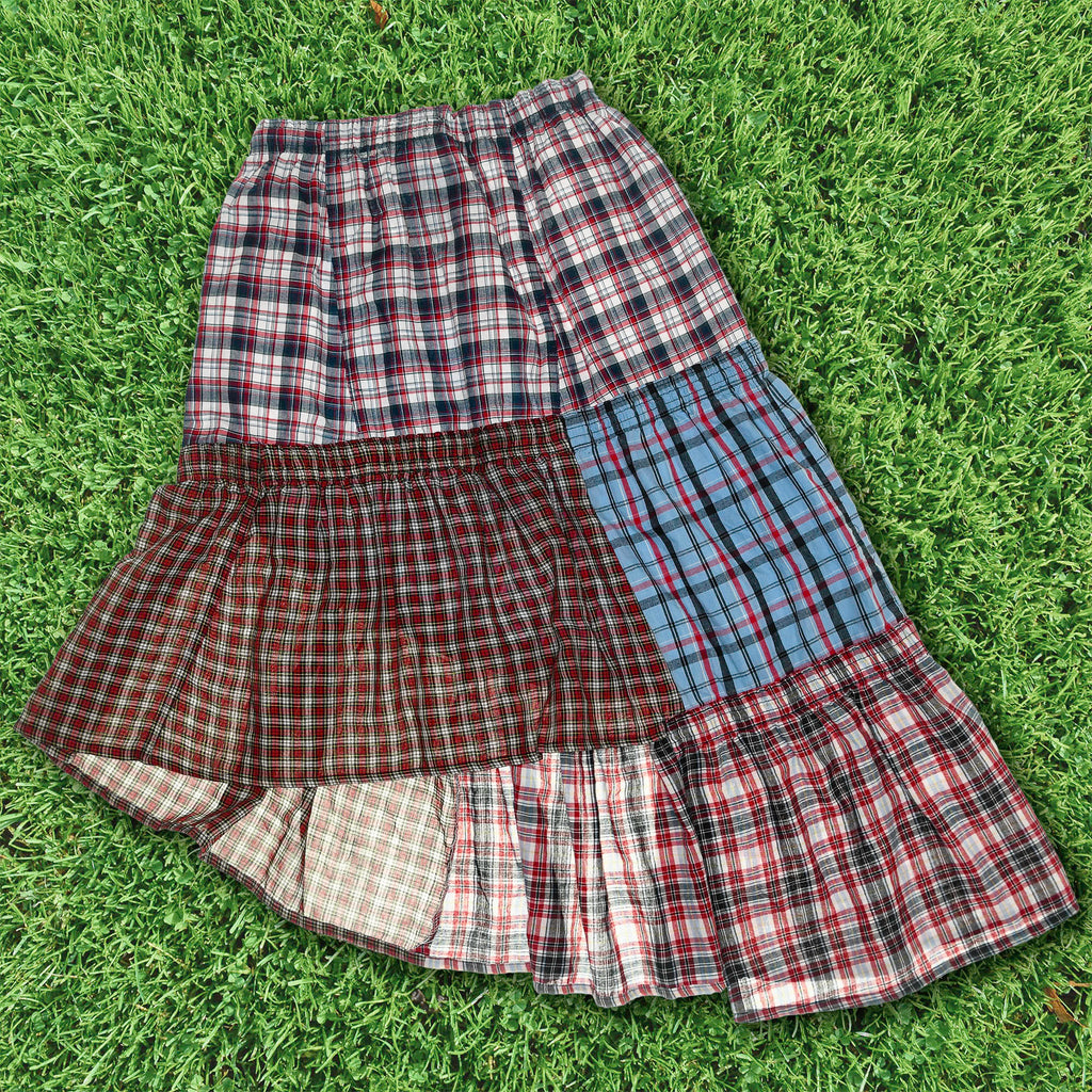 Mixed Plaid & Stripe Tiered Boxer Skirt Midi