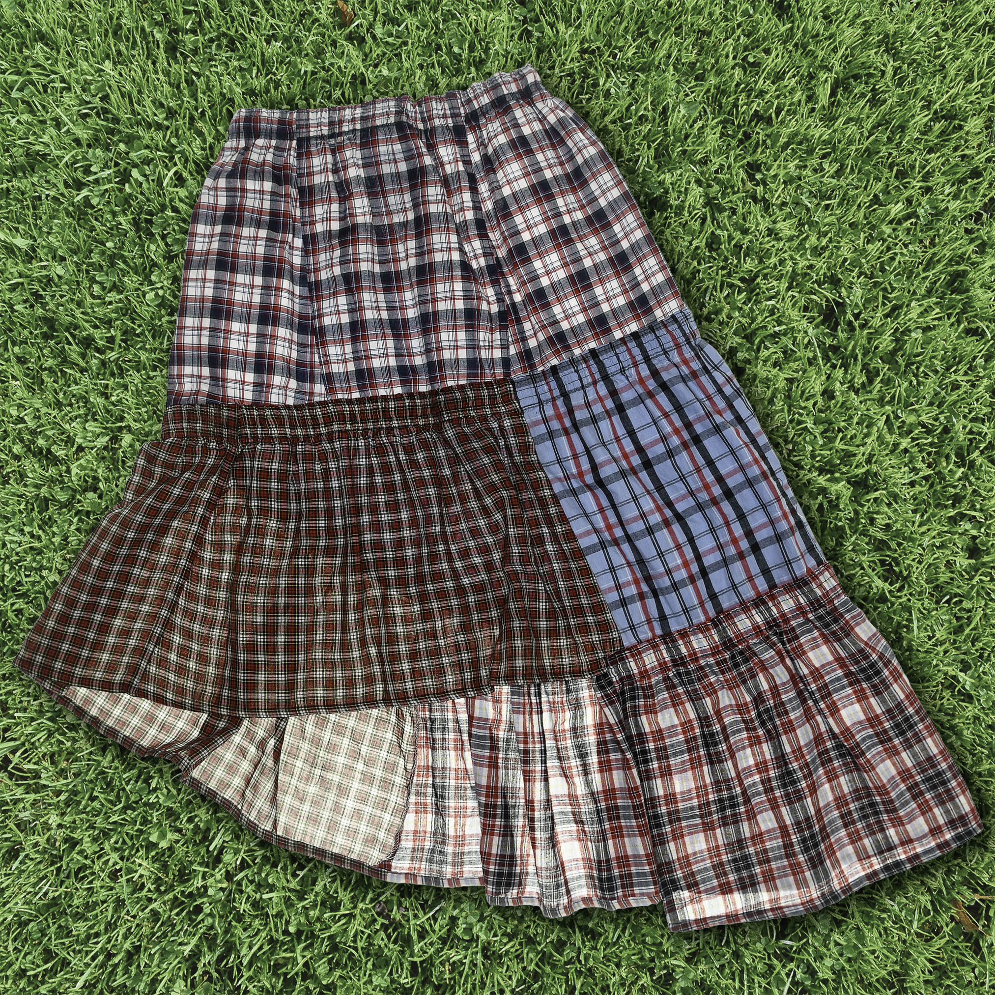 Mixed Plaid & Stripe Tiered Boxer Skirt Midi