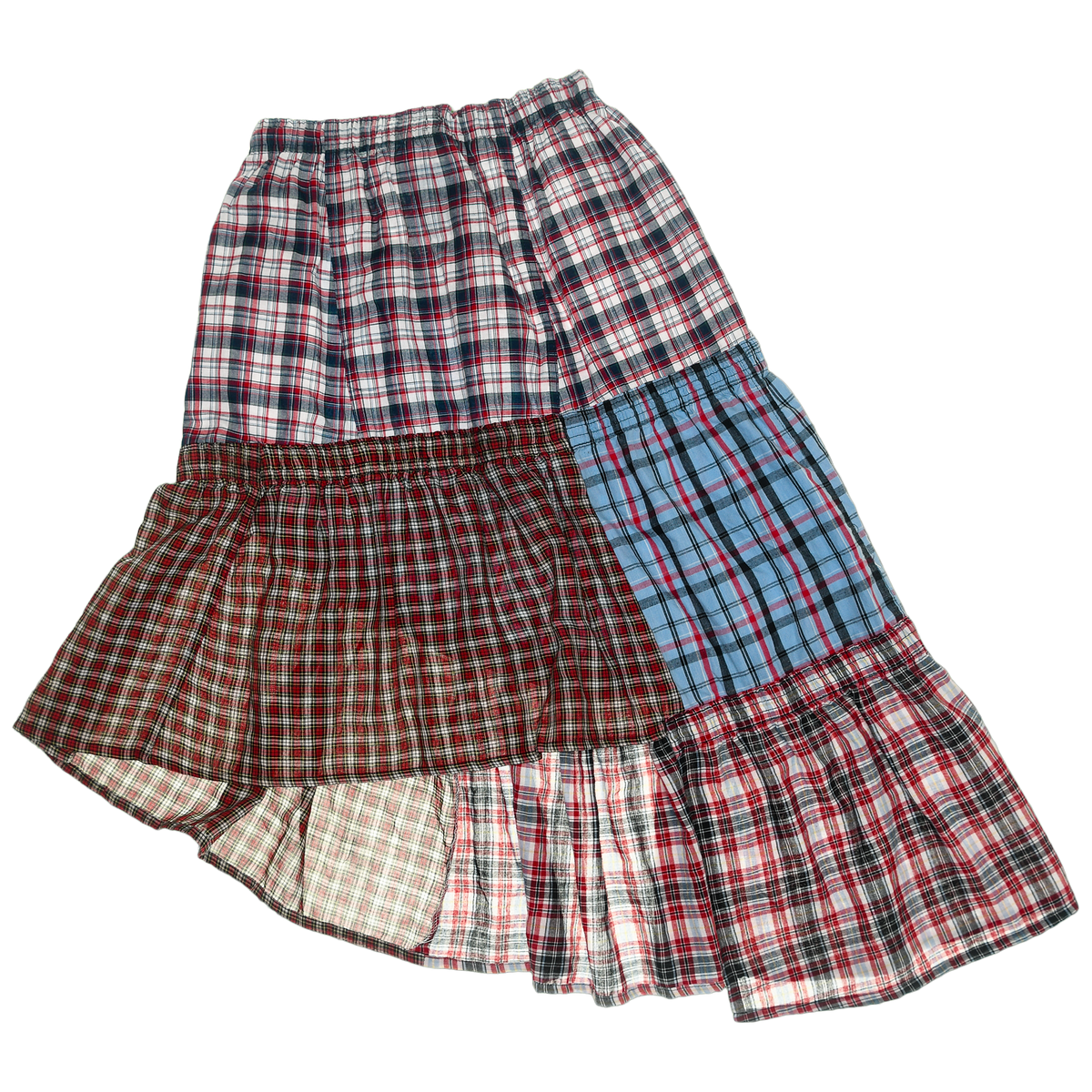 Mixed Plaid & Stripe Tiered Boxer Skirt Midi