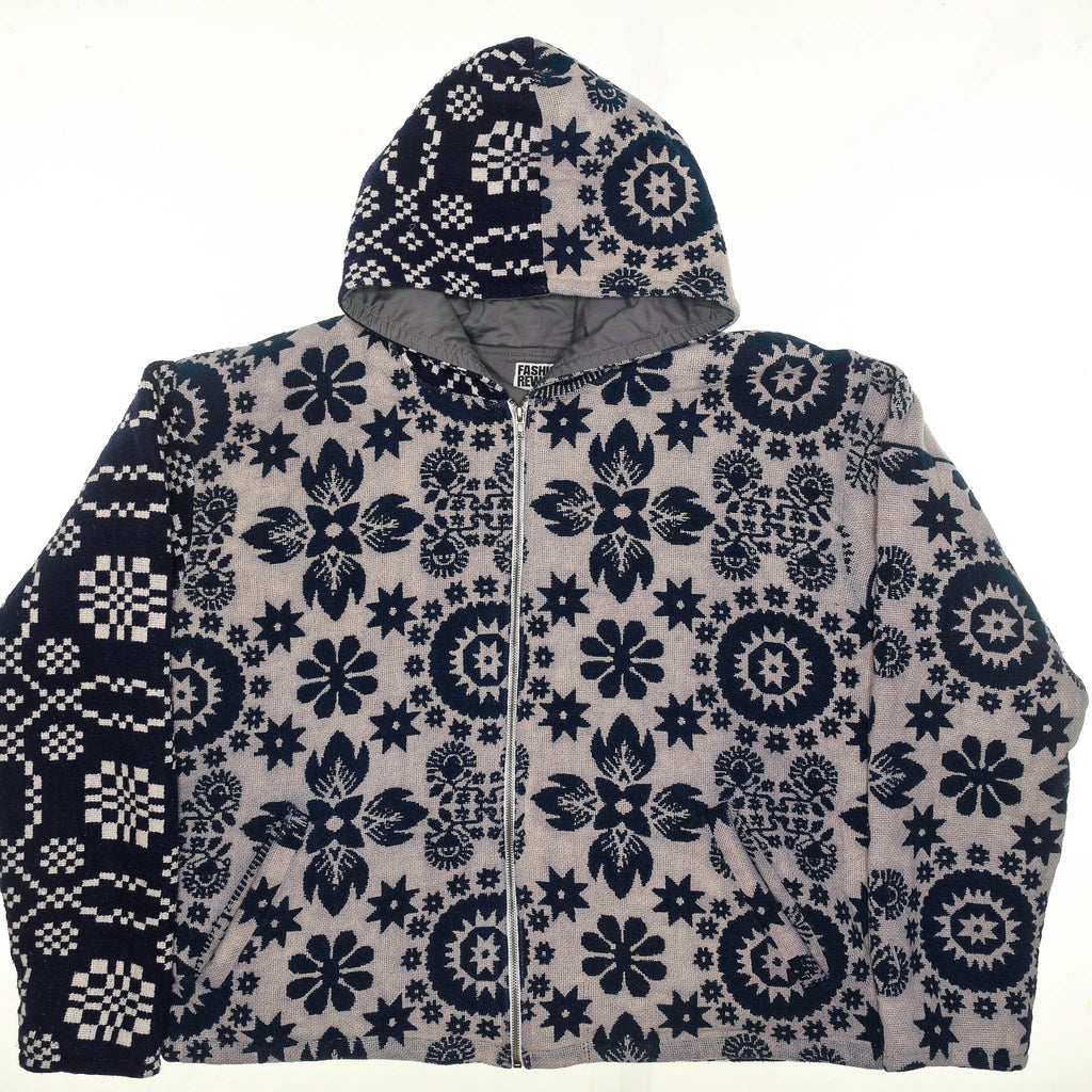 Blue & White Patterned Double Tapestry Zip Coat