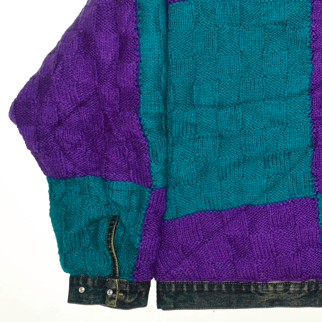 80s Checkered Style Crochet Denim Jacket