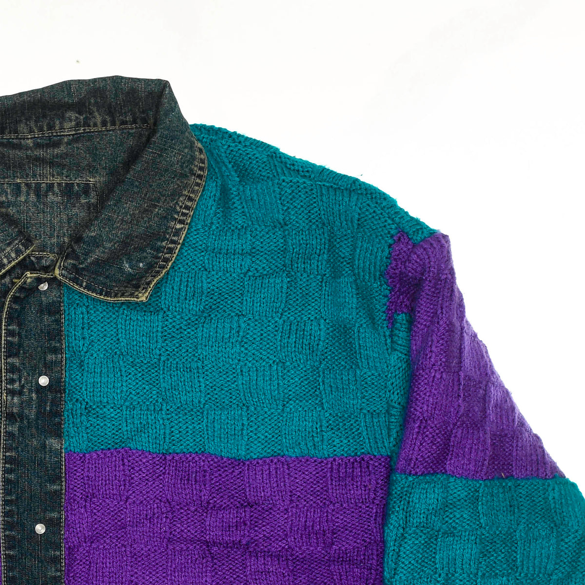 80s Checkered Style Crochet Denim Jacket