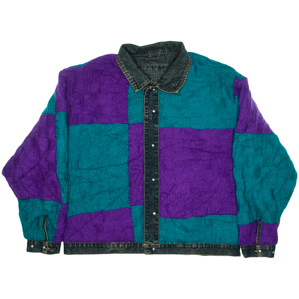 80s Checkered Style Crochet Denim Jacket