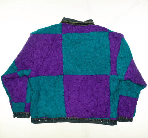 80s Checkered Style Crochet Denim Jacket