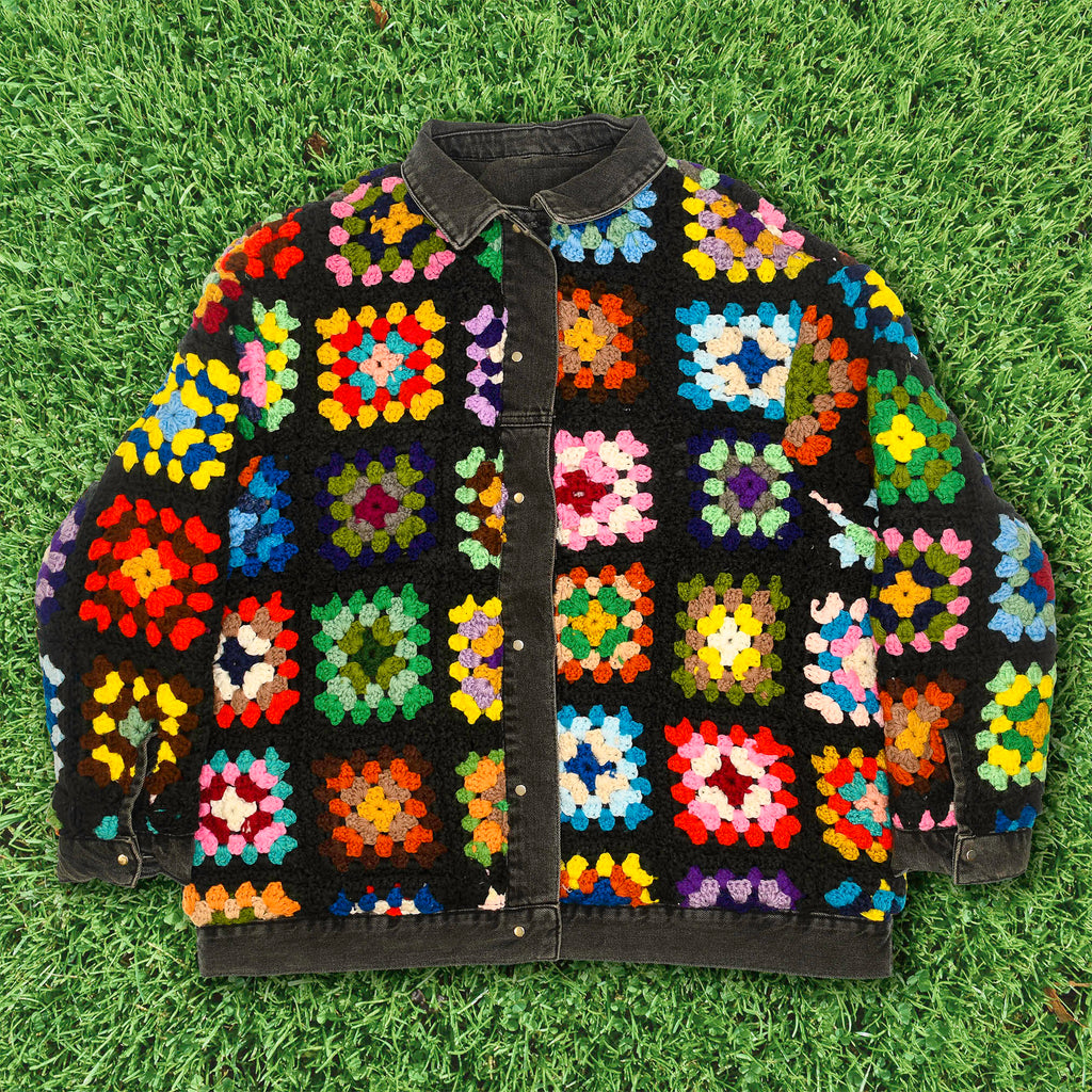 Granny Square Reversable Crochet Black Jean Jacket
