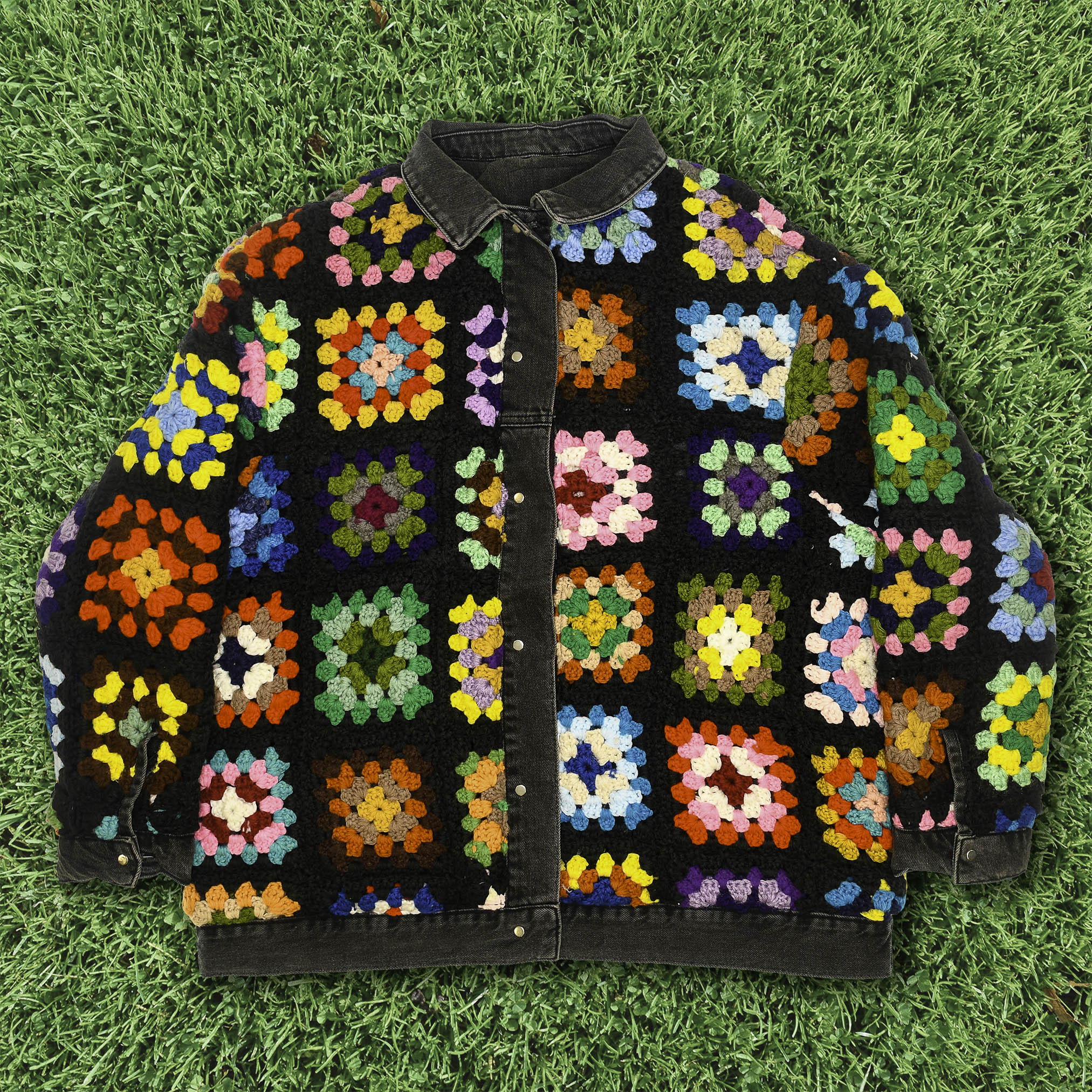 Granny Square Reversable Crochet Black Jean Jacket