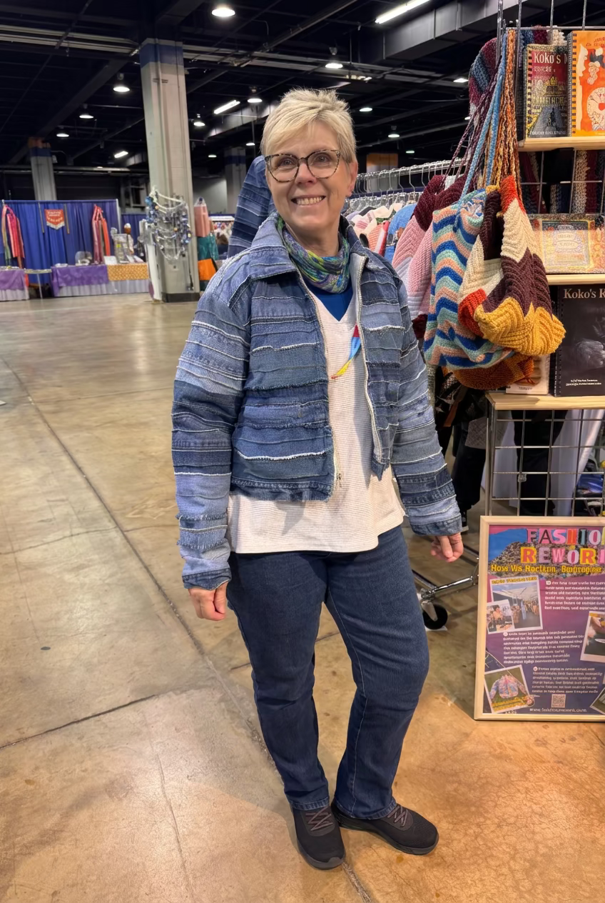 An woman with short blonde hair and glasses stands in a large indoor convention hall, wearing a blue striped cropped denim jacket, a white t-shirt, and dark blue jeans. To her right is a display of colorful hand-knit bags and a bookshelf. 