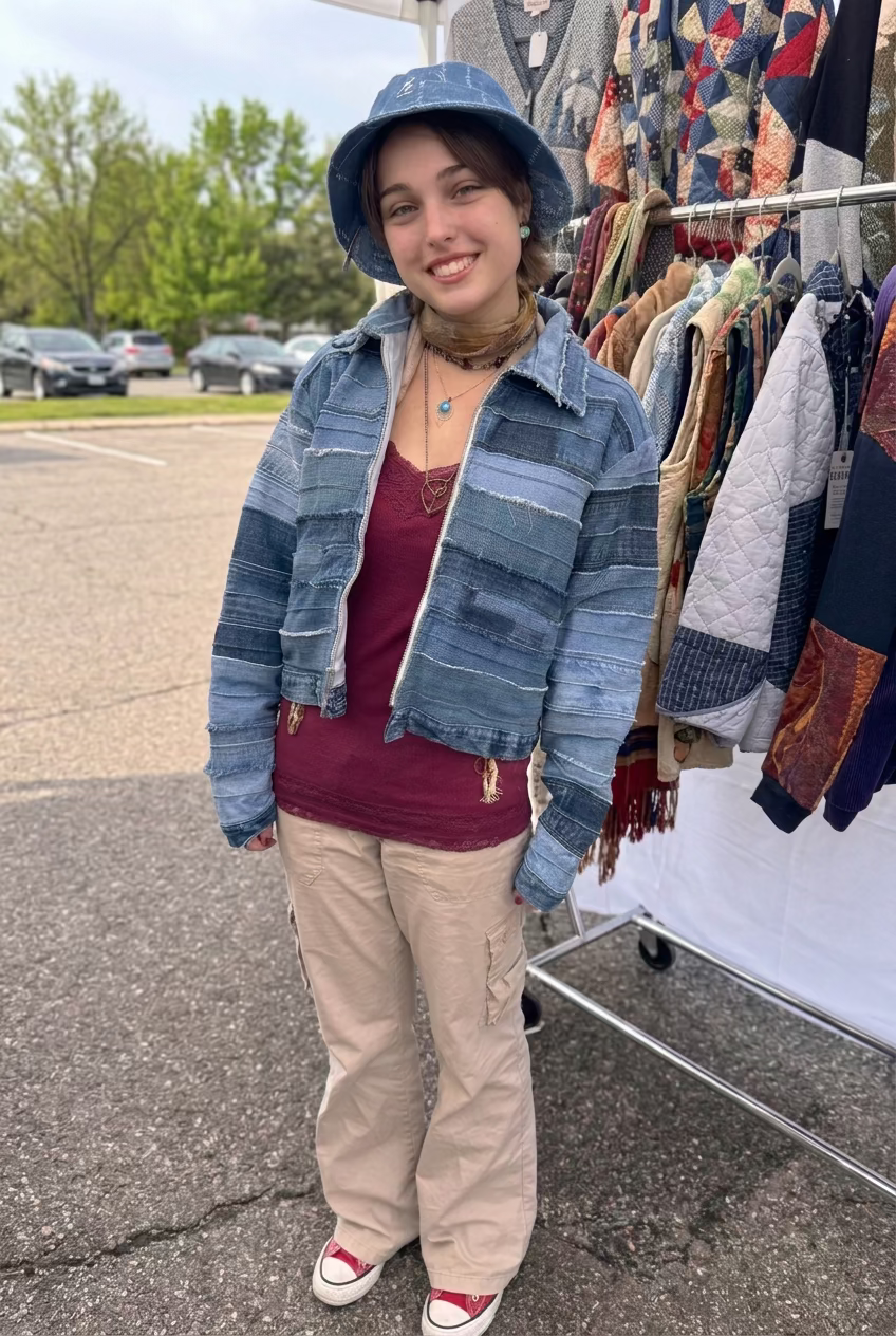A person standing outdoors at what appears to be a street market or thrift event, wearing a blue denim bucket hat and a blue patchwork denim jacket over a burgundy top and beige pants. A mannequin torso and clothing racks are visible in the background, along with another person and a street scene.